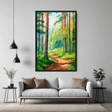 Pathway Through Nature – Art Fusion Framed Canvas  Framed painting of a forest path above a white sofa in a living room.