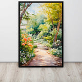 Framed painting of a garden path with flowers and trees on a white wall.