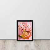 Framed photograph of a pink flower on a white wall.