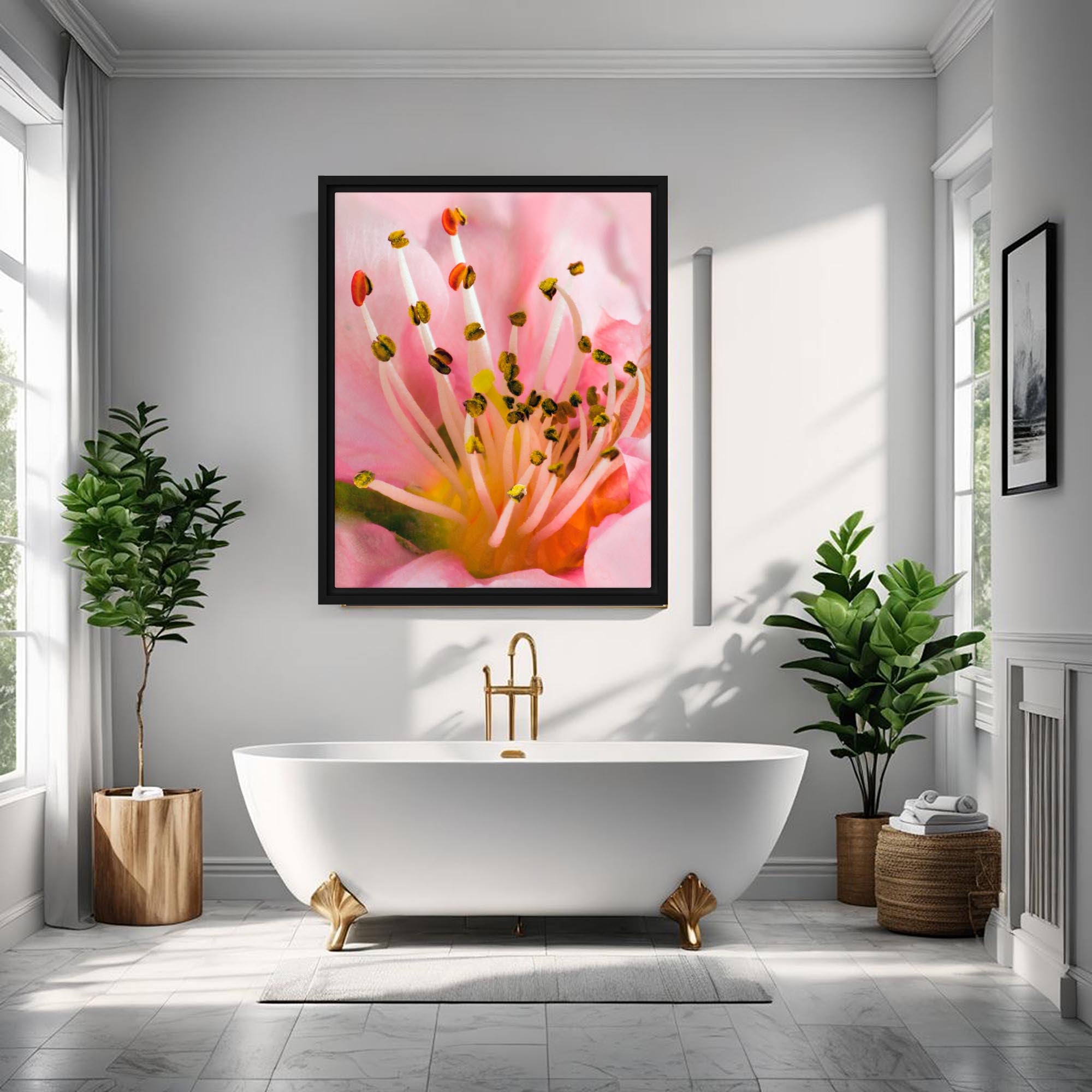 Bathroom with a pink floral artwork above a bathtub, surrounded by plants.