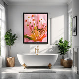 Bathroom with a pink floral artwork above a bathtub, surrounded by plants.