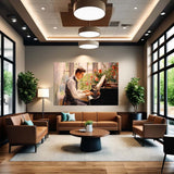 Piano serenade canvas displayed in an office lobby