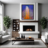 Modern living room with a fireplace and artwork