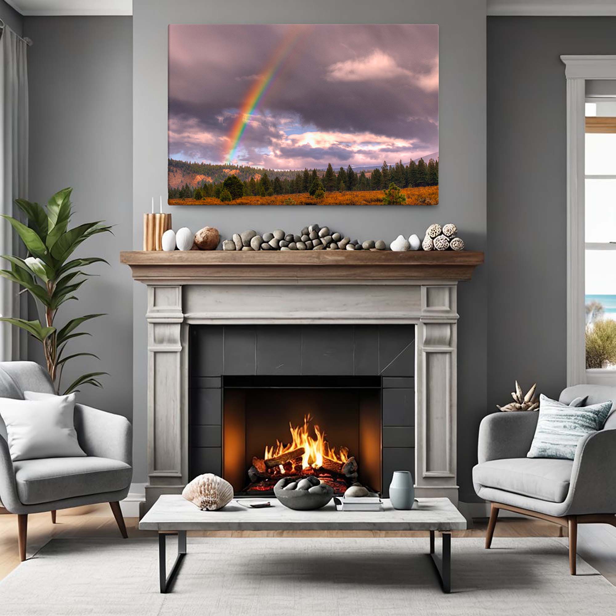 Living room with fireplace, rainbow artwork, and decorative elements.