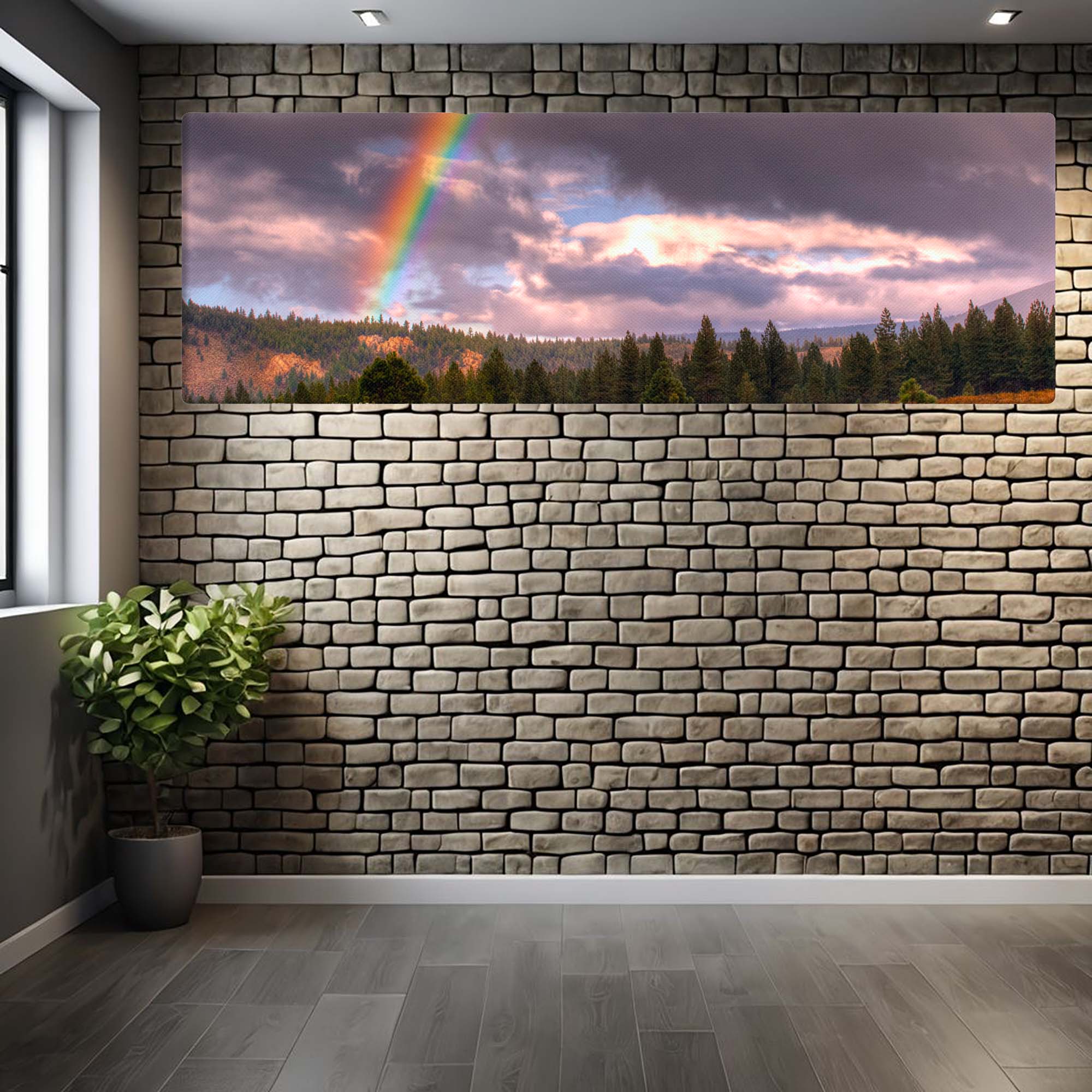 Room with brick wall and large canvas print of a rainbow over trees. panoramic view
