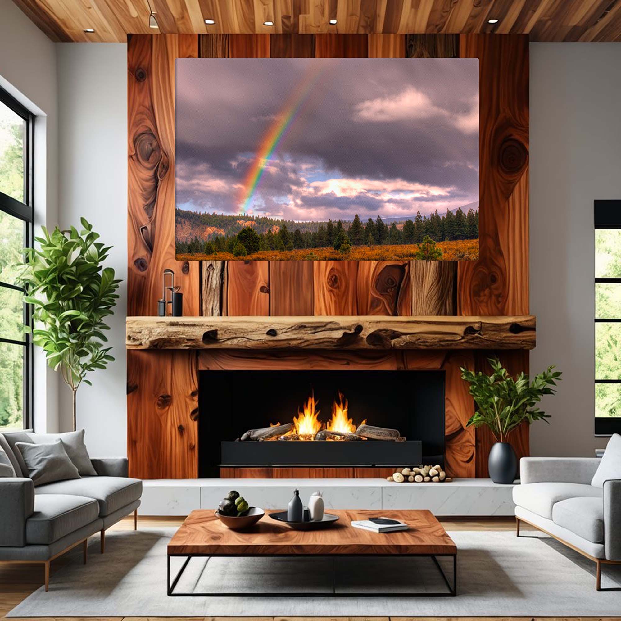Rainbow Over Owen's Valley – Sierra Nevada photographic canvas print of a rainbow arching across the valley – Art Fusion Store 