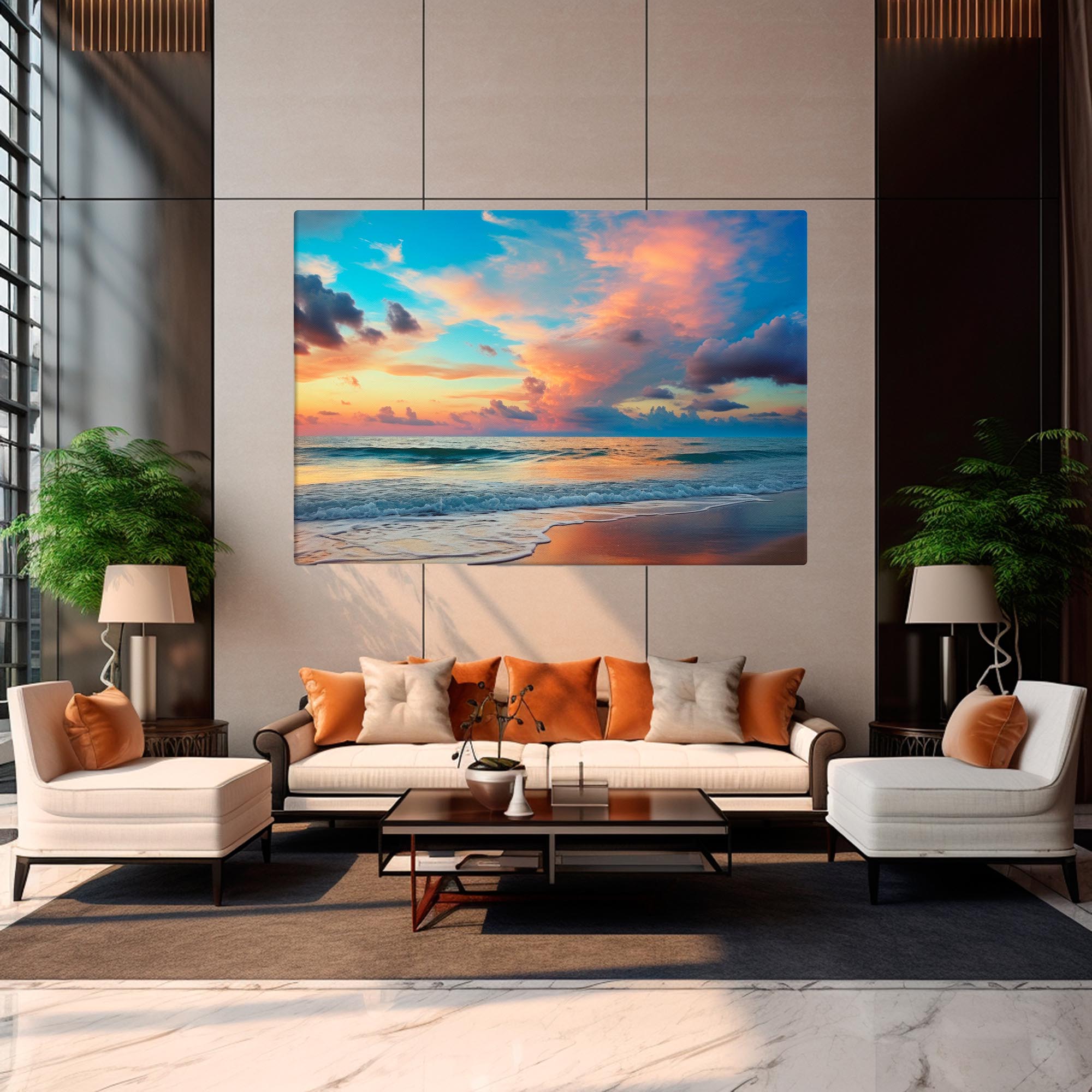 Living room with a large wall-mounted painting of a beach sunset.