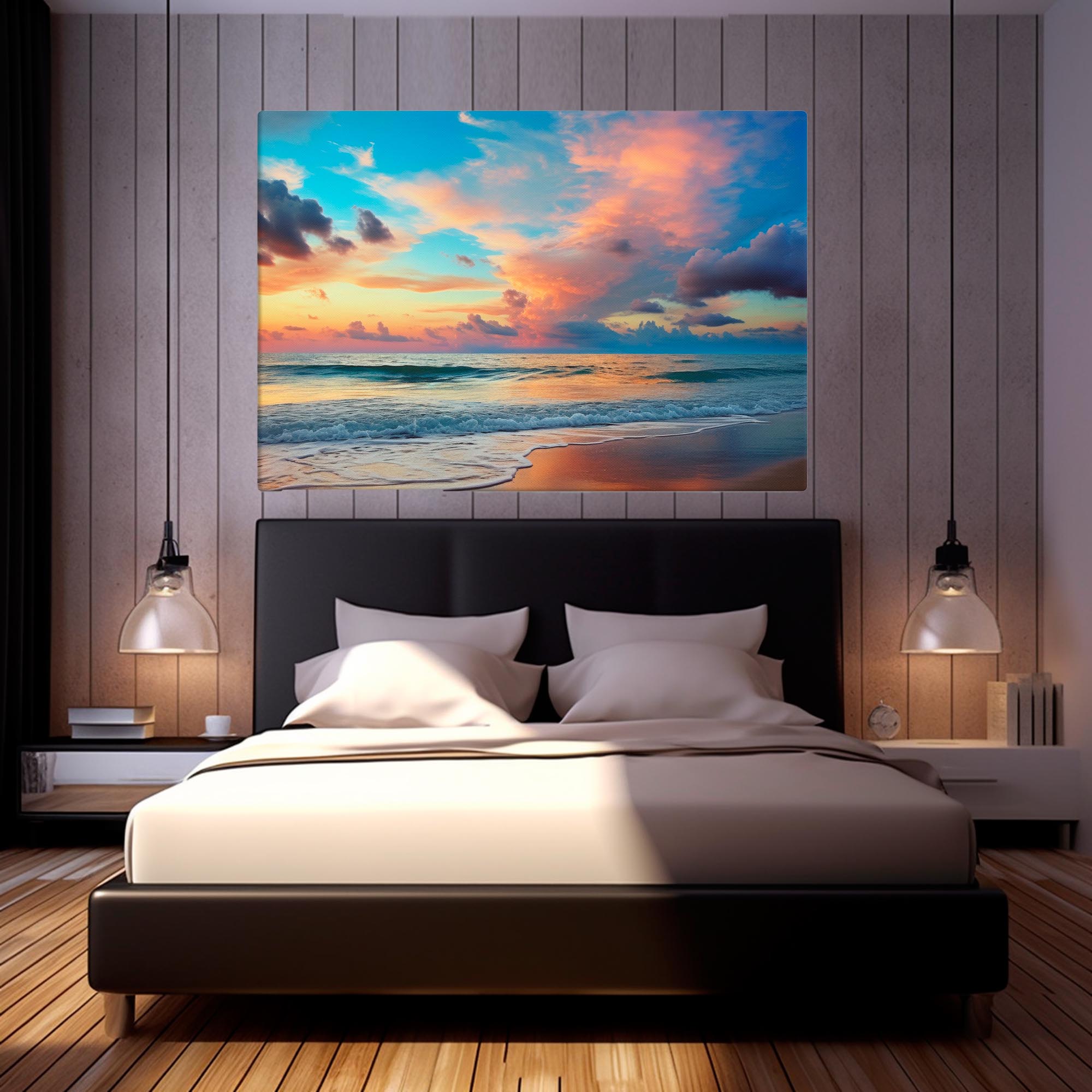  Rocky Ocean Beach at Sunset – photographic canvas print of a rocky Pacific shoreline at sunset – Art Fusion Store