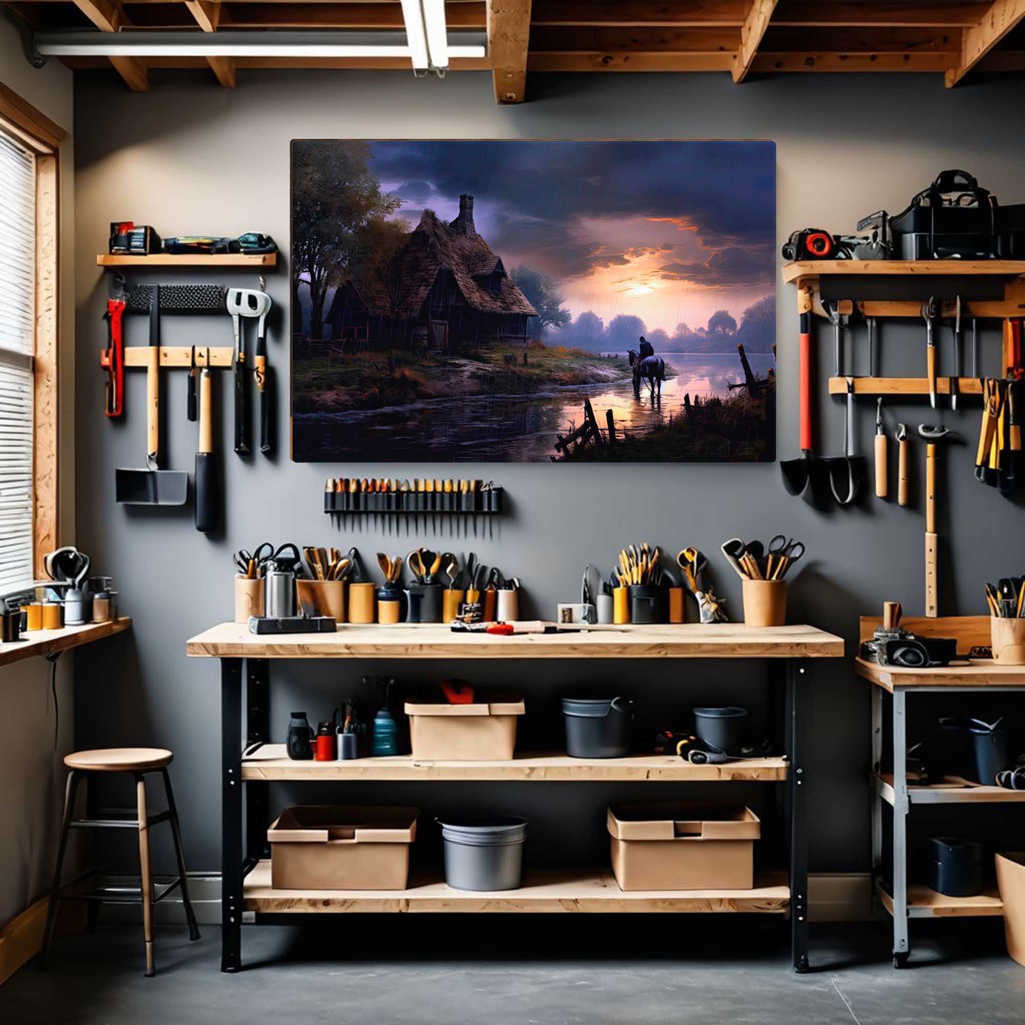  Rustic countryside canvas displayed in a hobby room