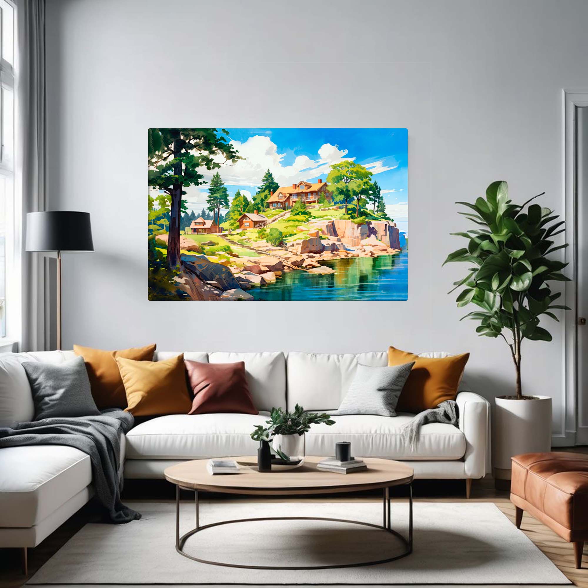 Seasonal countryside canvas displayed in a living room 