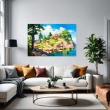 Seasonal countryside canvas displayed in a living room 