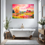  Serene farmhouse canvas displayed in a bathroom