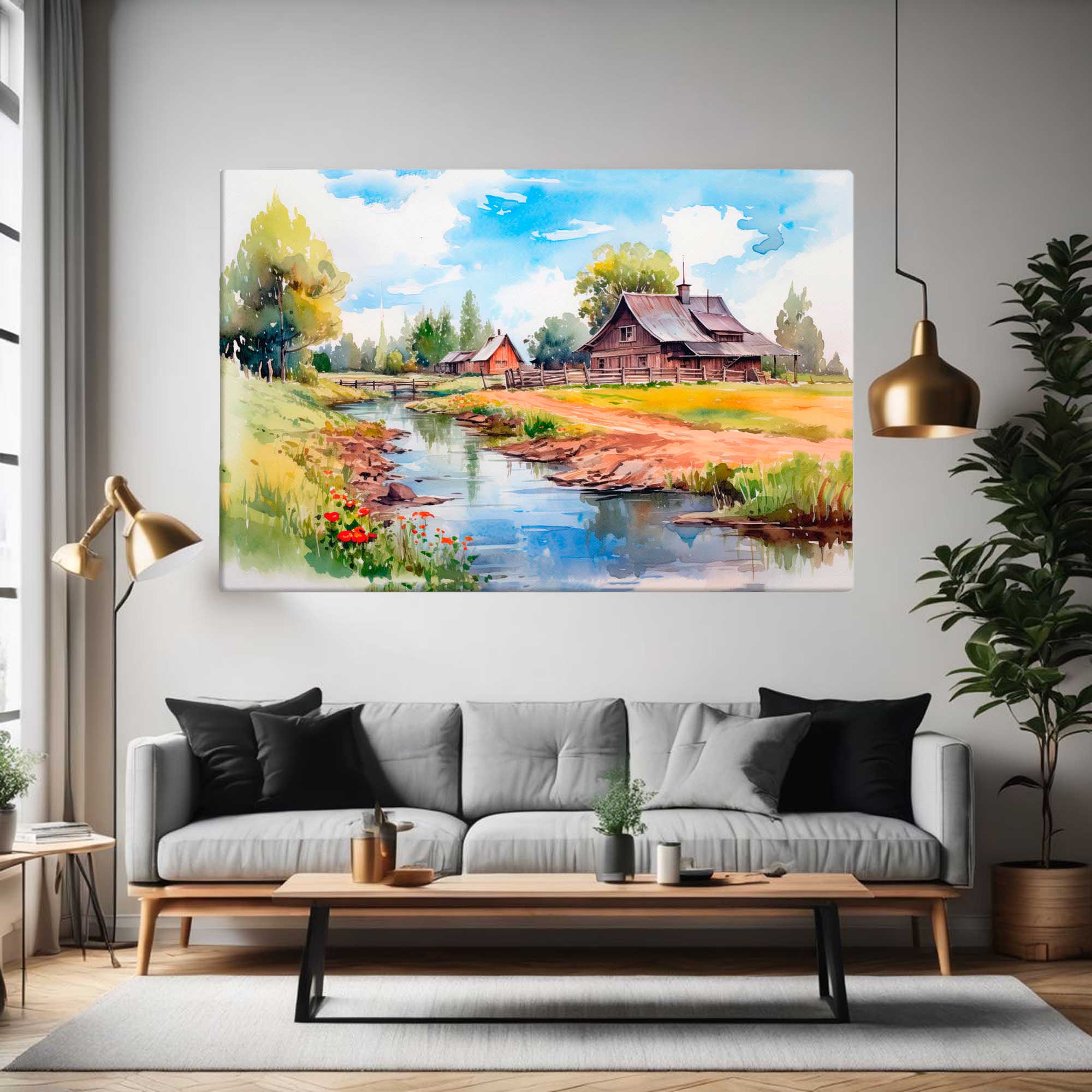 Serene ranch canvas displayed in a living room 