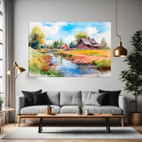 Serene ranch canvas displayed in a living room 