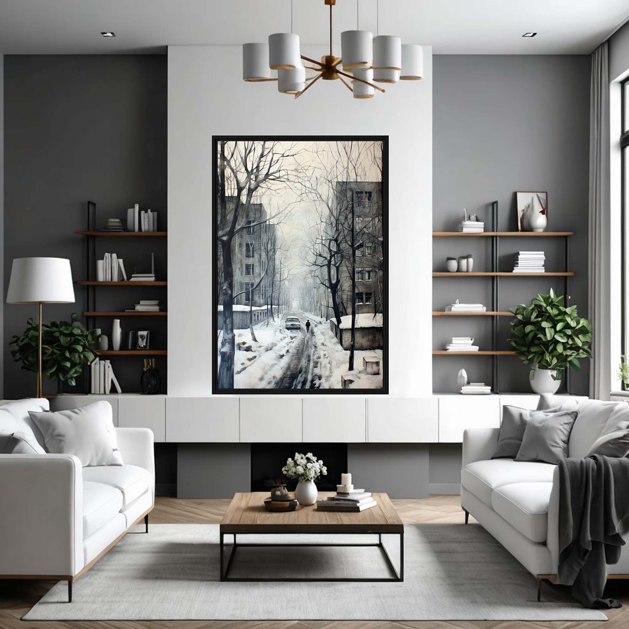  Silent Streets of 1950 – Art Fusion framed canvas of a lone figure on a snow-covered Hungarian city street – Art Fusion Store