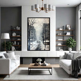  Silent Streets of 1950 – Art Fusion framed canvas of a lone figure on a snow-covered Hungarian city street – Art Fusion Store