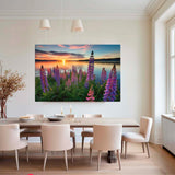 Dining room with a large canvas print of lupine flowers and sunset.