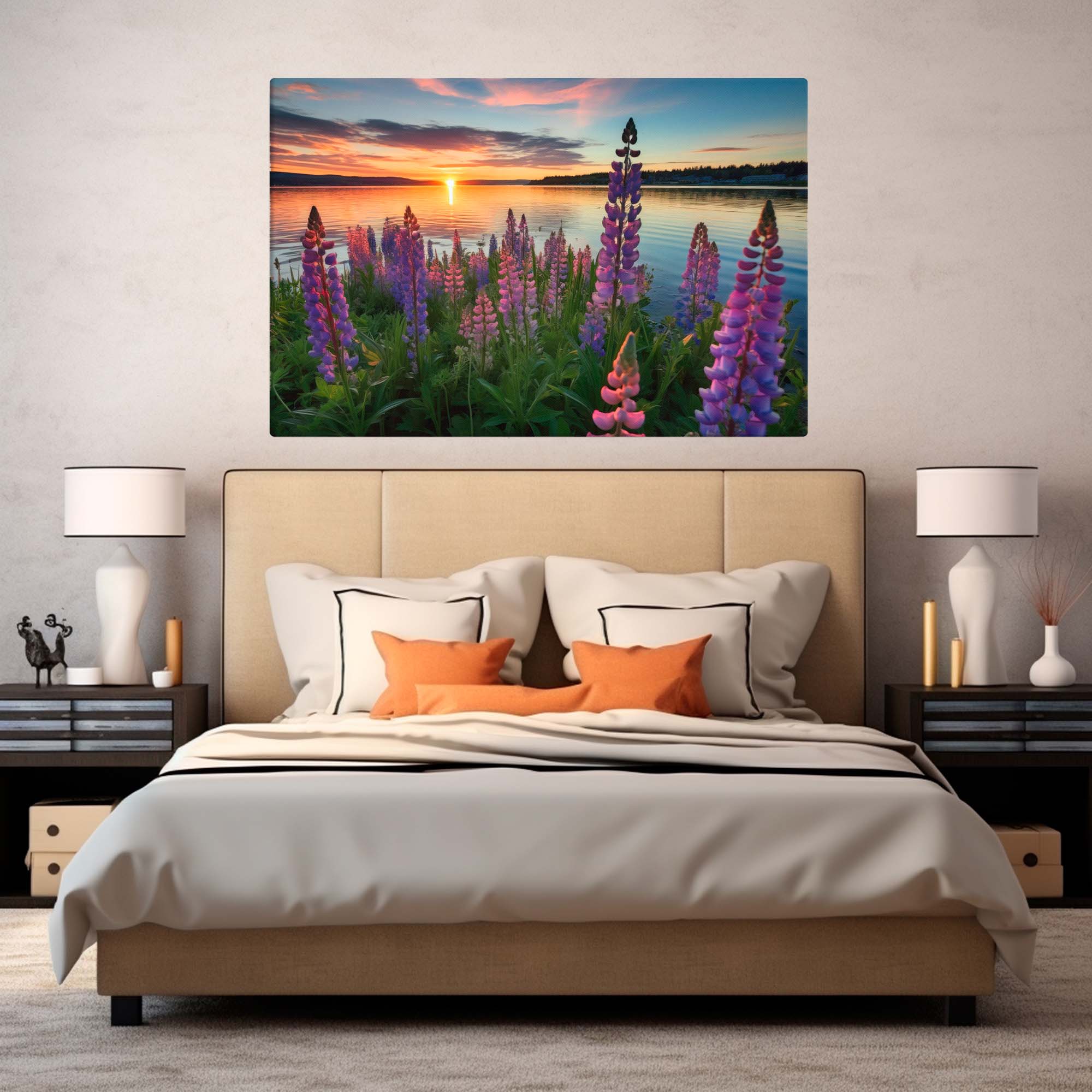 Spring Wildflowers and Alpine Lake – Canvas Print in Bedroom with a sunset over flowers wall art above the bed