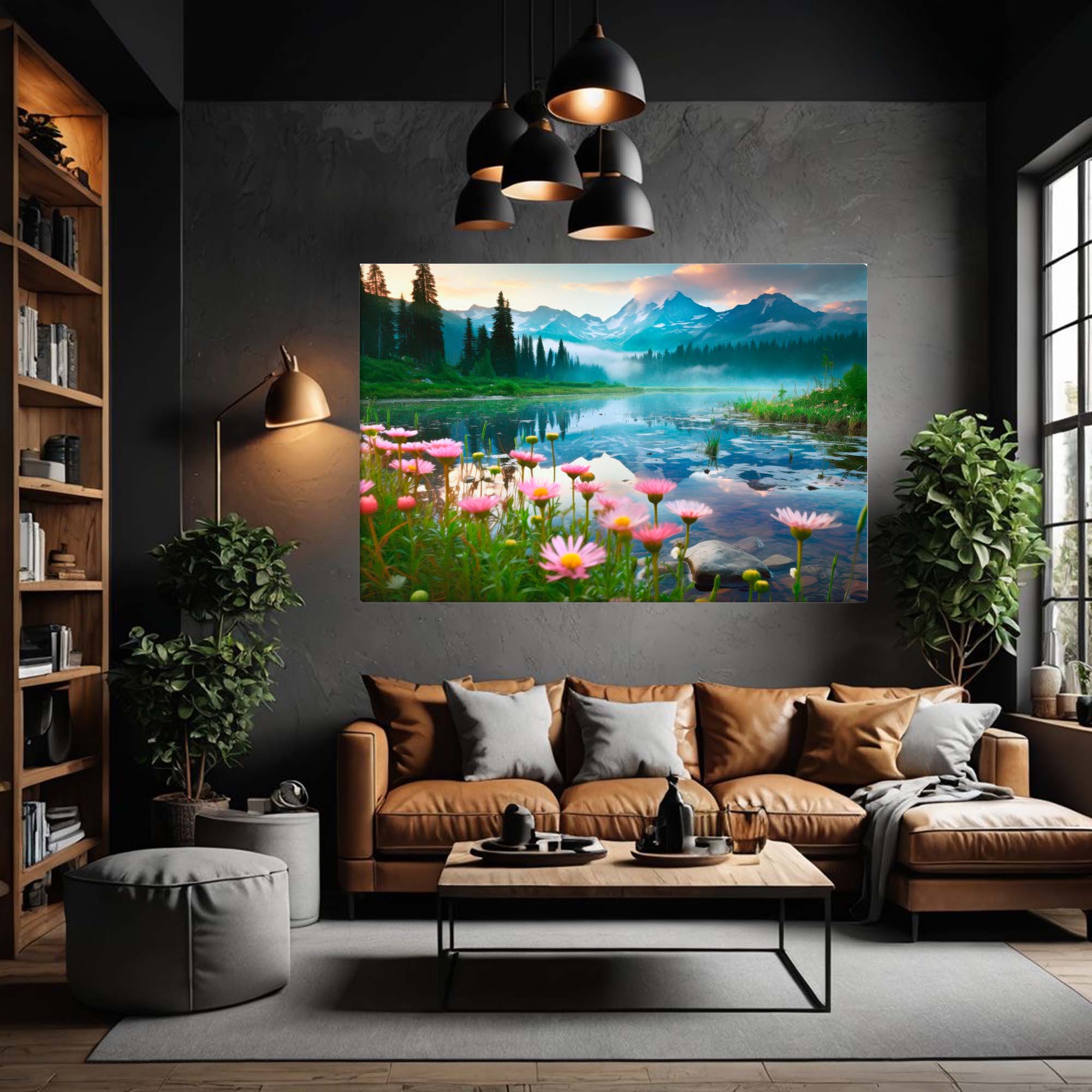 Spring Wildflowers and Misty Lake – photography canvas print of wildflowers with a fog-covered alpine lake – Art Fusion Store