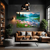 Spring Wildflowers and Misty Lake – photography canvas print of wildflowers with a fog-covered alpine lake – Art Fusion Store