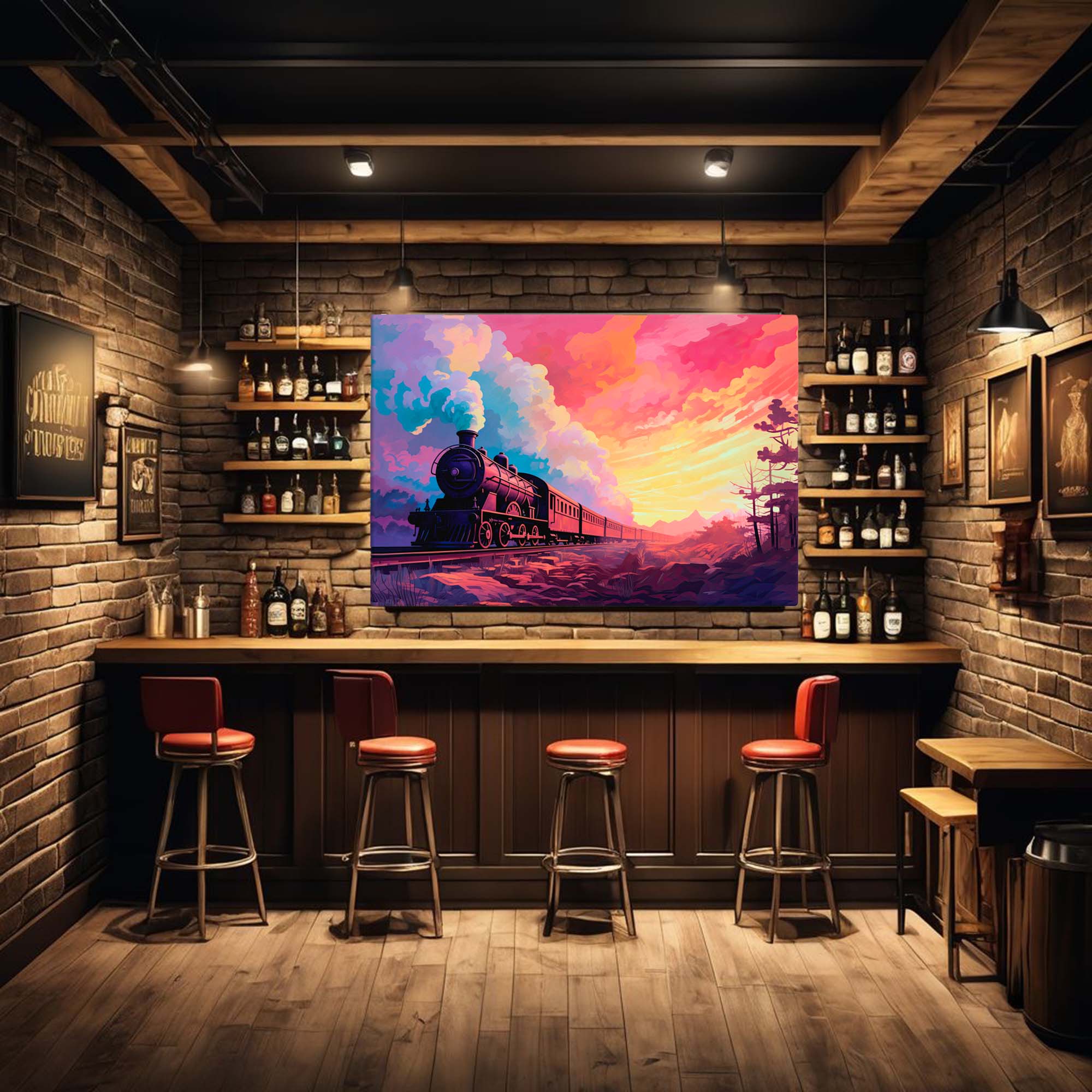  Steam locomotive canvas displayed in a basement bar