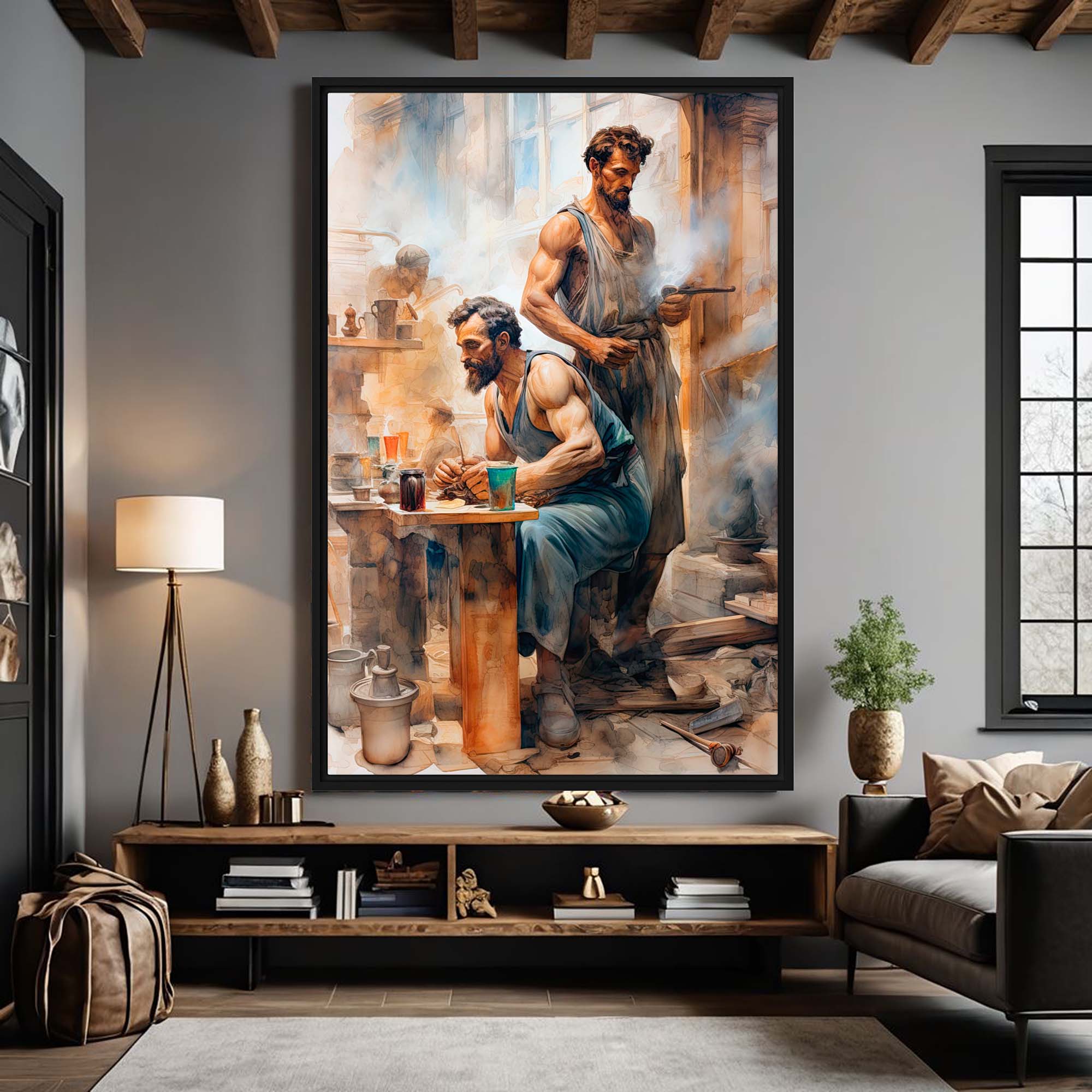 FStrength in Unity – Art Fusion Framed Canvas ramed painting of two men at a table in a living room setting.
