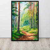 Sunlit woodland path art print framed canvas in a hallway 