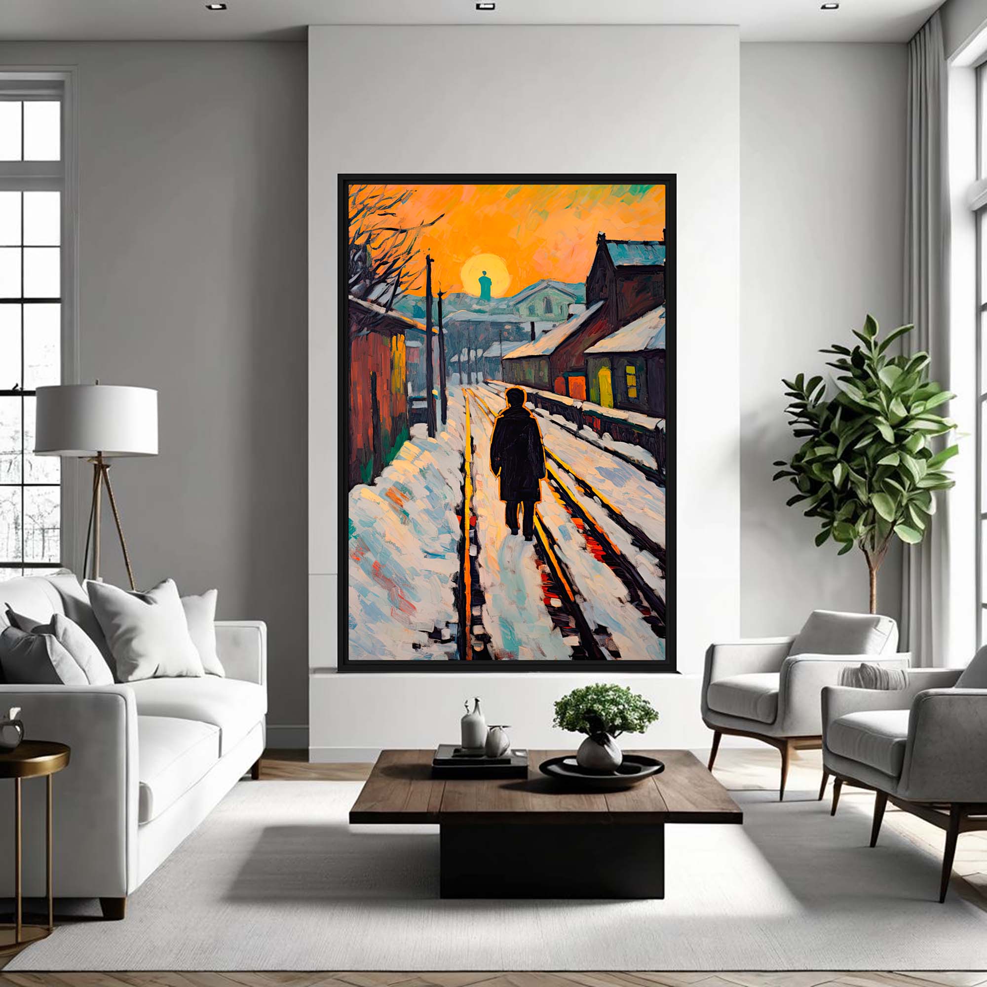 Sunrise railroad art print framed canvas in a living room