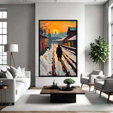 Sunrise railroad art print framed canvas in a living room