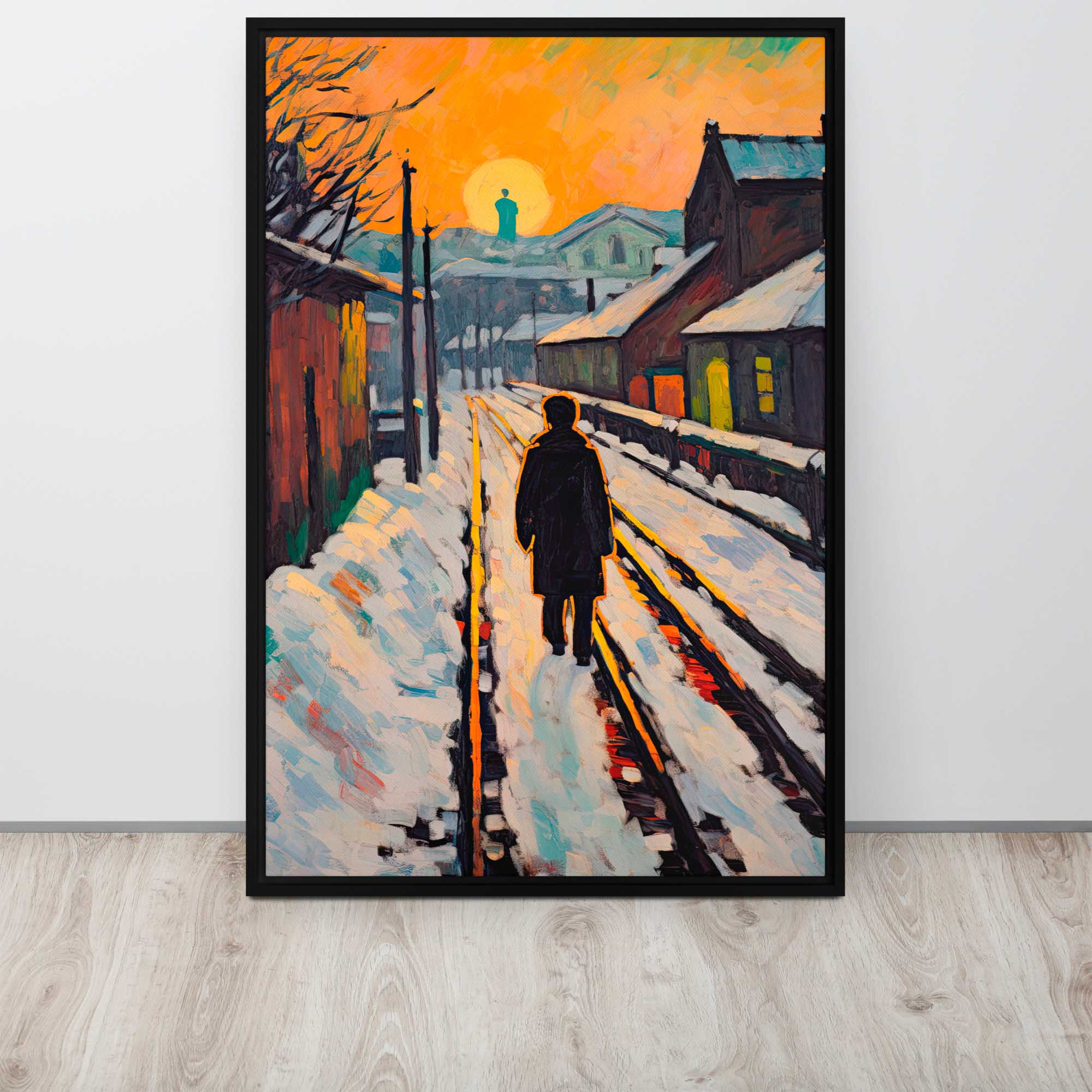 Sunrise railroad art print framed canvas in a living room display