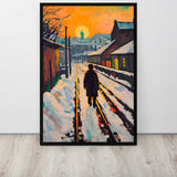 Sunrise railroad art print framed canvas in a living room display