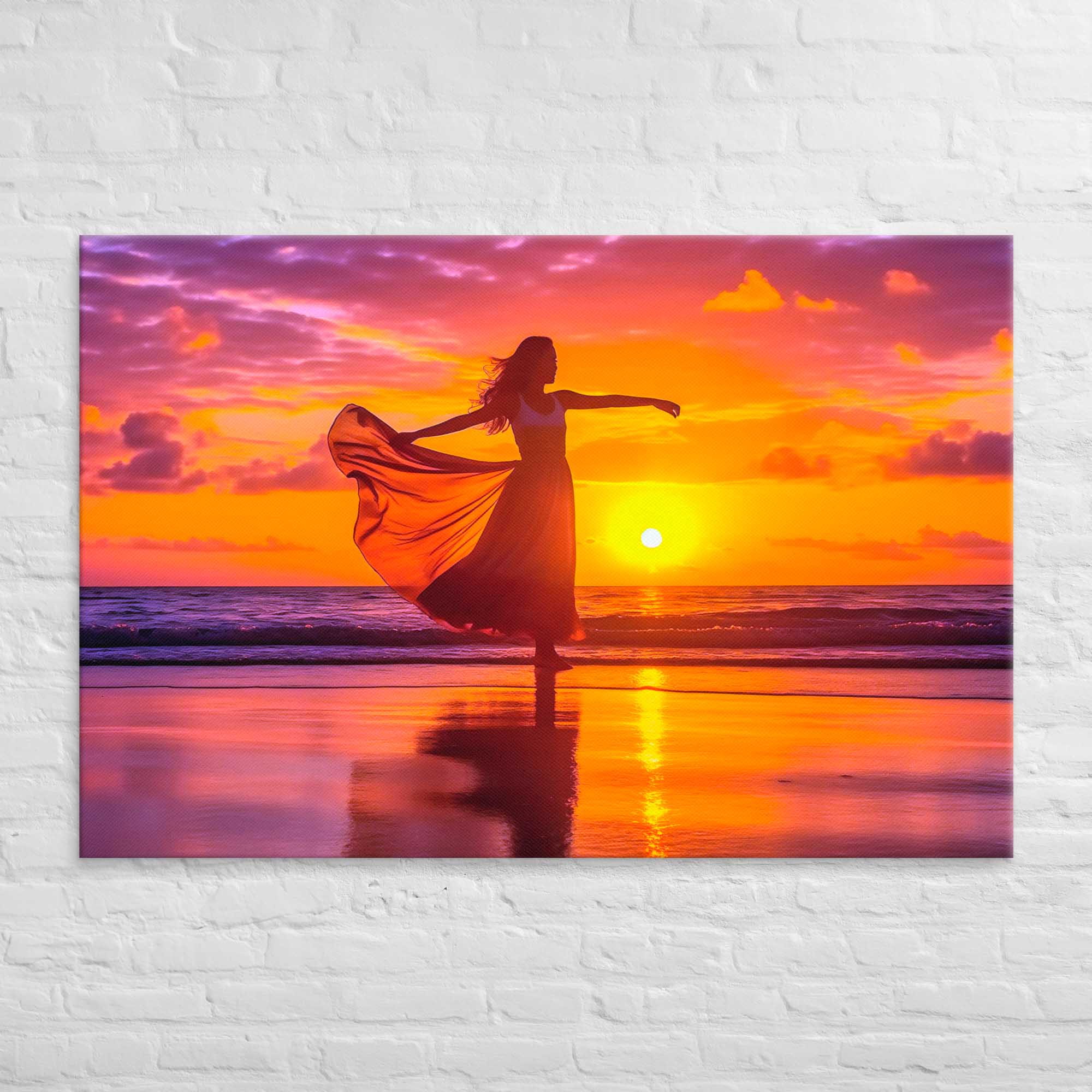 Woman in a flowing dress on a beach at sunset.