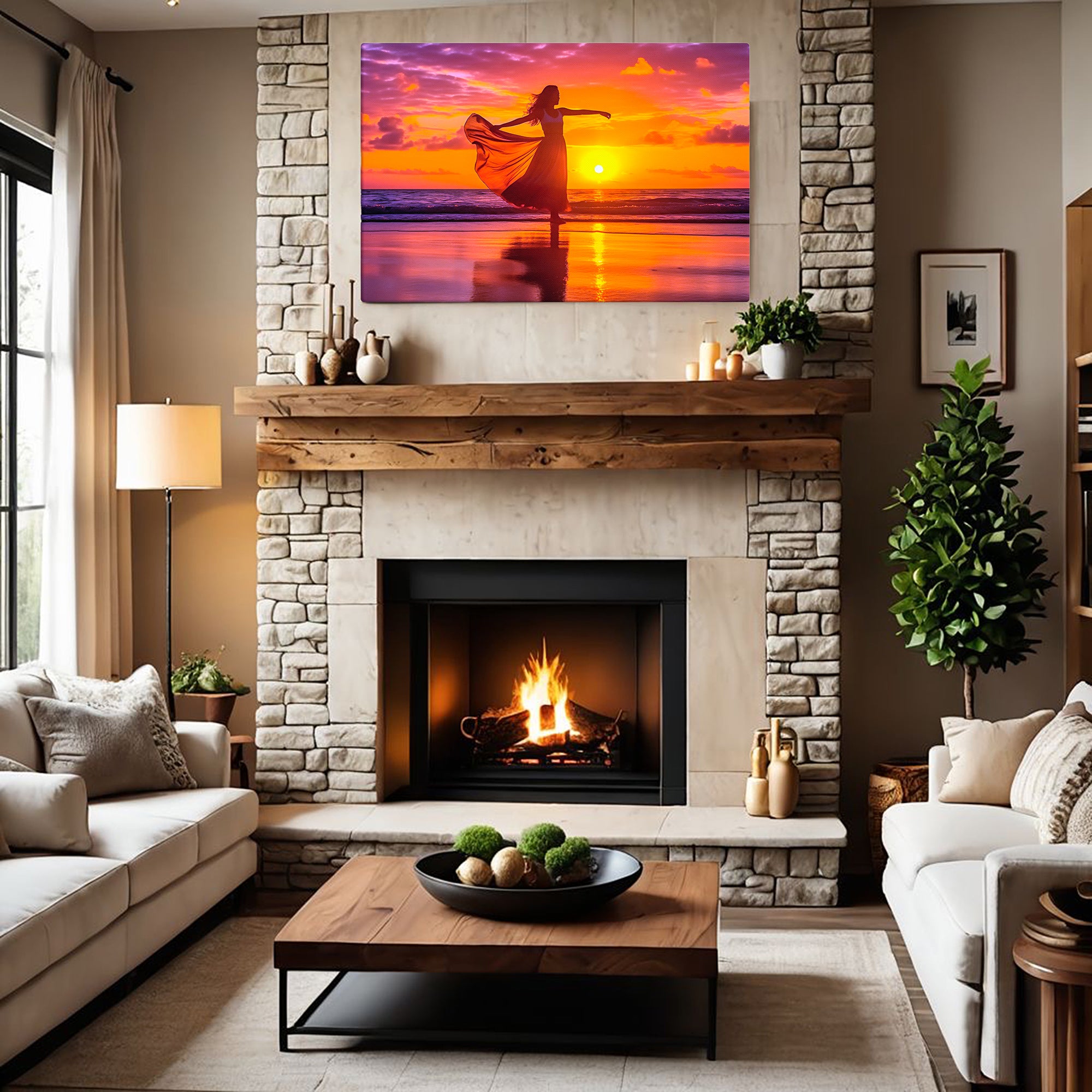 Living room with stone fireplace and beach sunset artwork