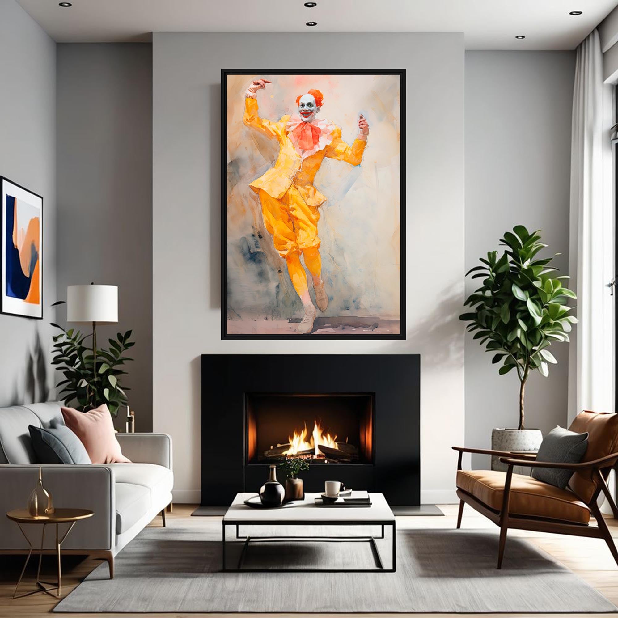  Sunshine and Laughter – Art Fusion framed canvas of an exuberant yellow clown portrait – Art Fusion Store