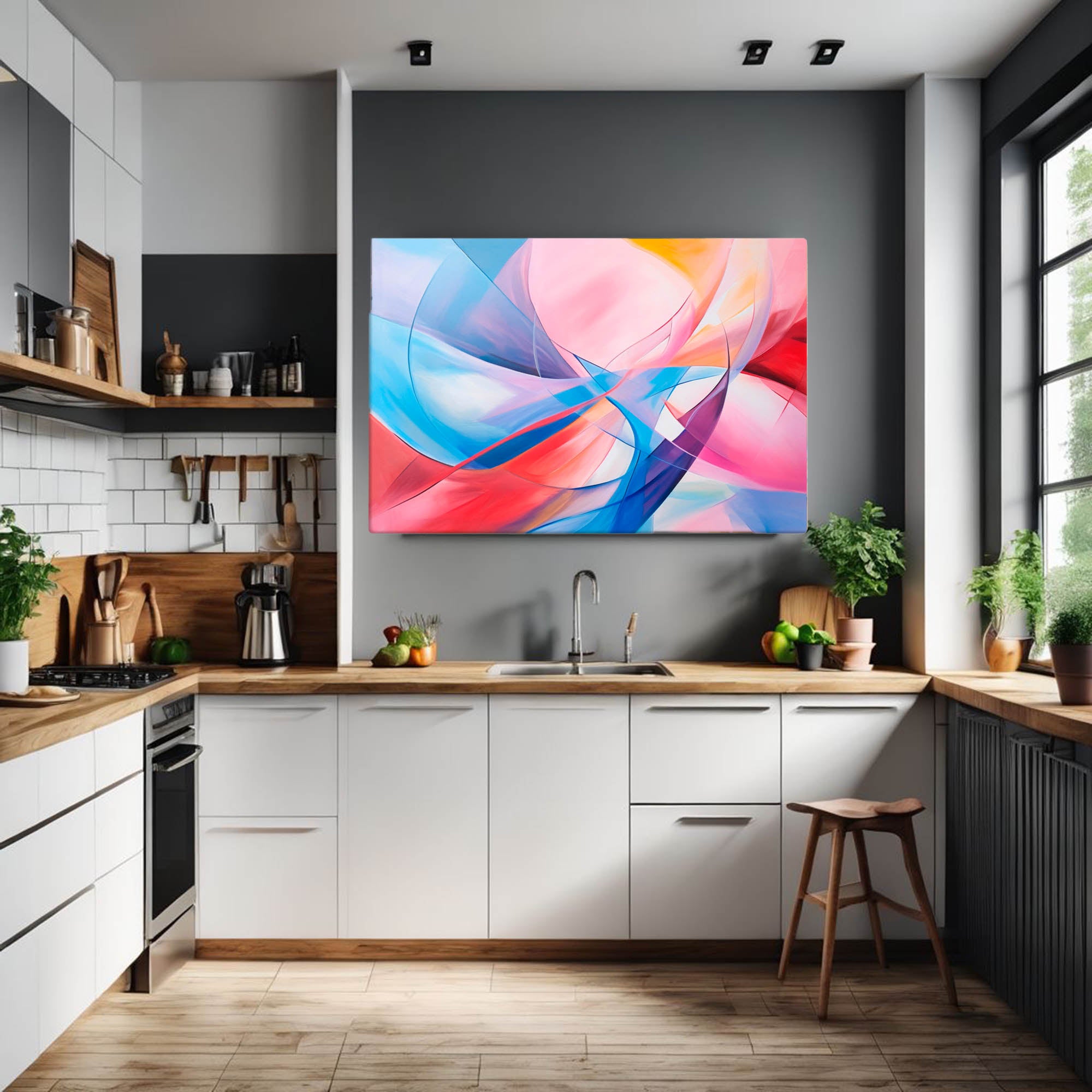 Symphony of Motion – Abstract Canvas Drawing displayed on a kitchen wall