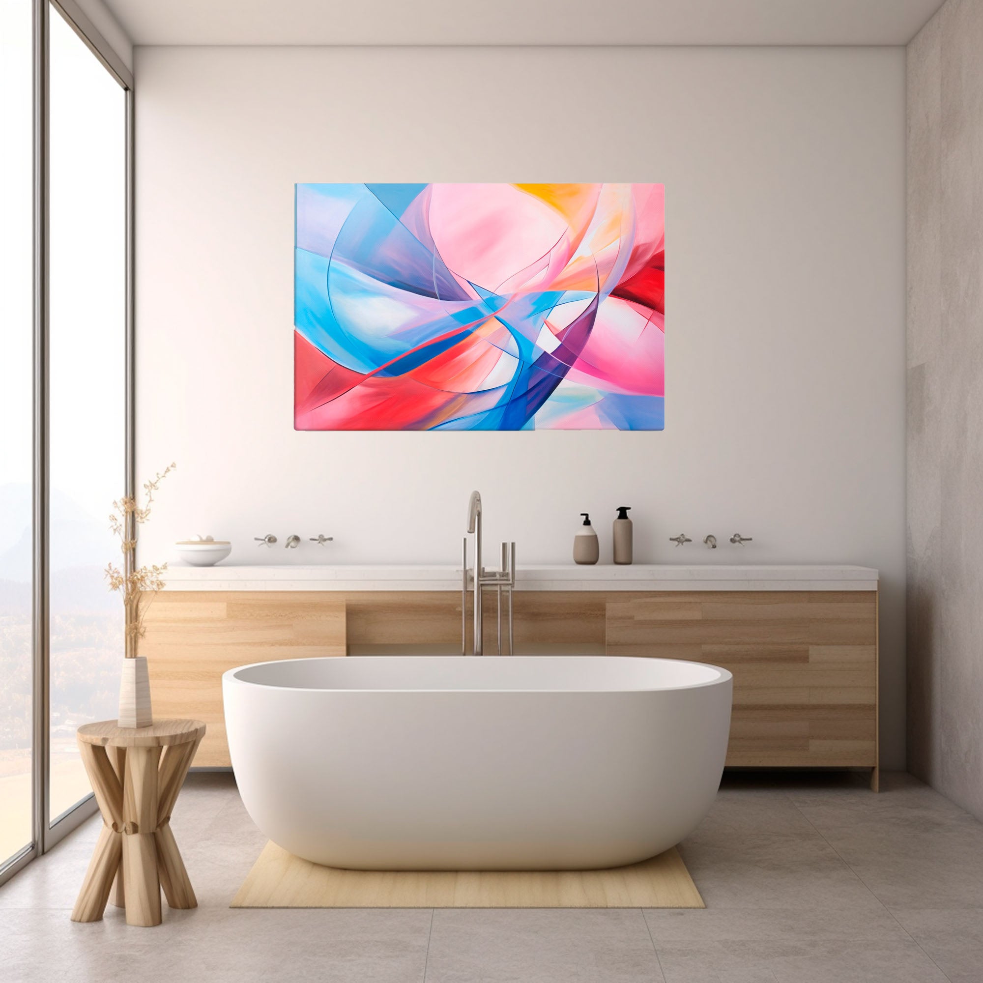 Symphony of Motion – Abstract Canvas Drawing hangs on bathroom wall