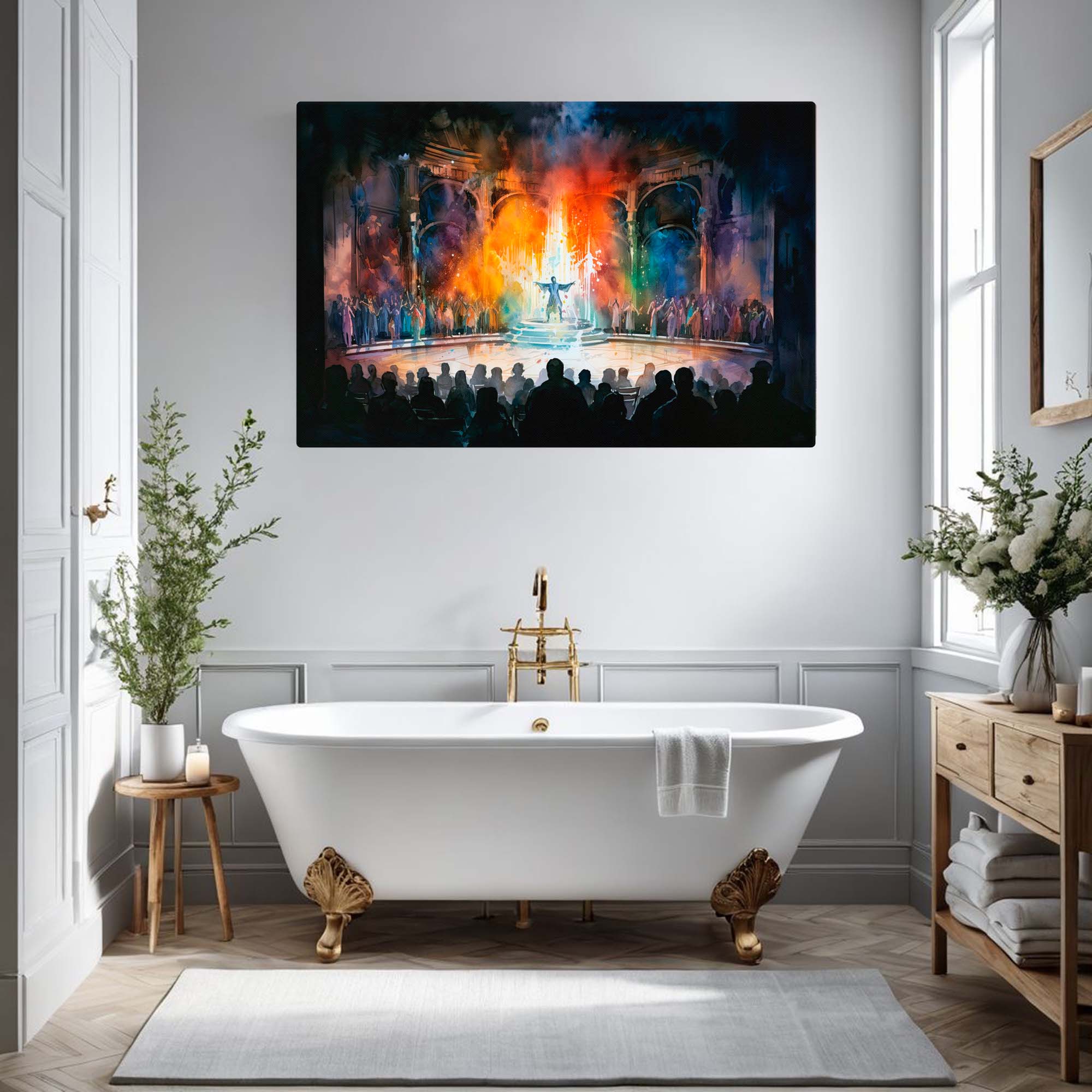 Theatre scene canvas print displayed in a bathroom or creative space