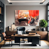 Town music scene canvas displayed in an office setting