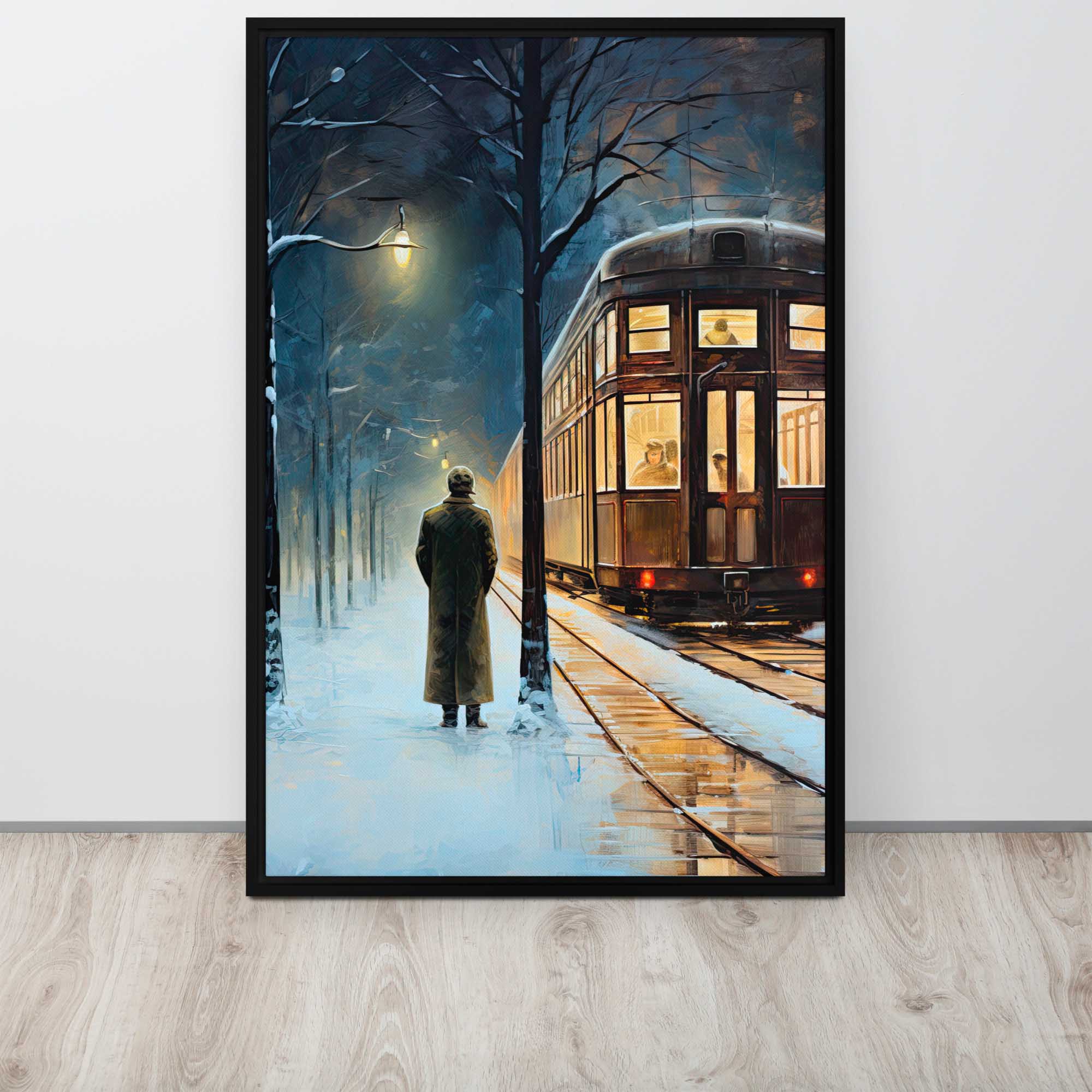Train Tracks to Tomorrow – Art Fusion framed canvas of railroad tracks leading to a sunrise  on Display