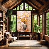 Vase of Dreams – Art Fusion Framed Canvas Cozy room with wooden walls, large windows, and a painting of flowers on a table.