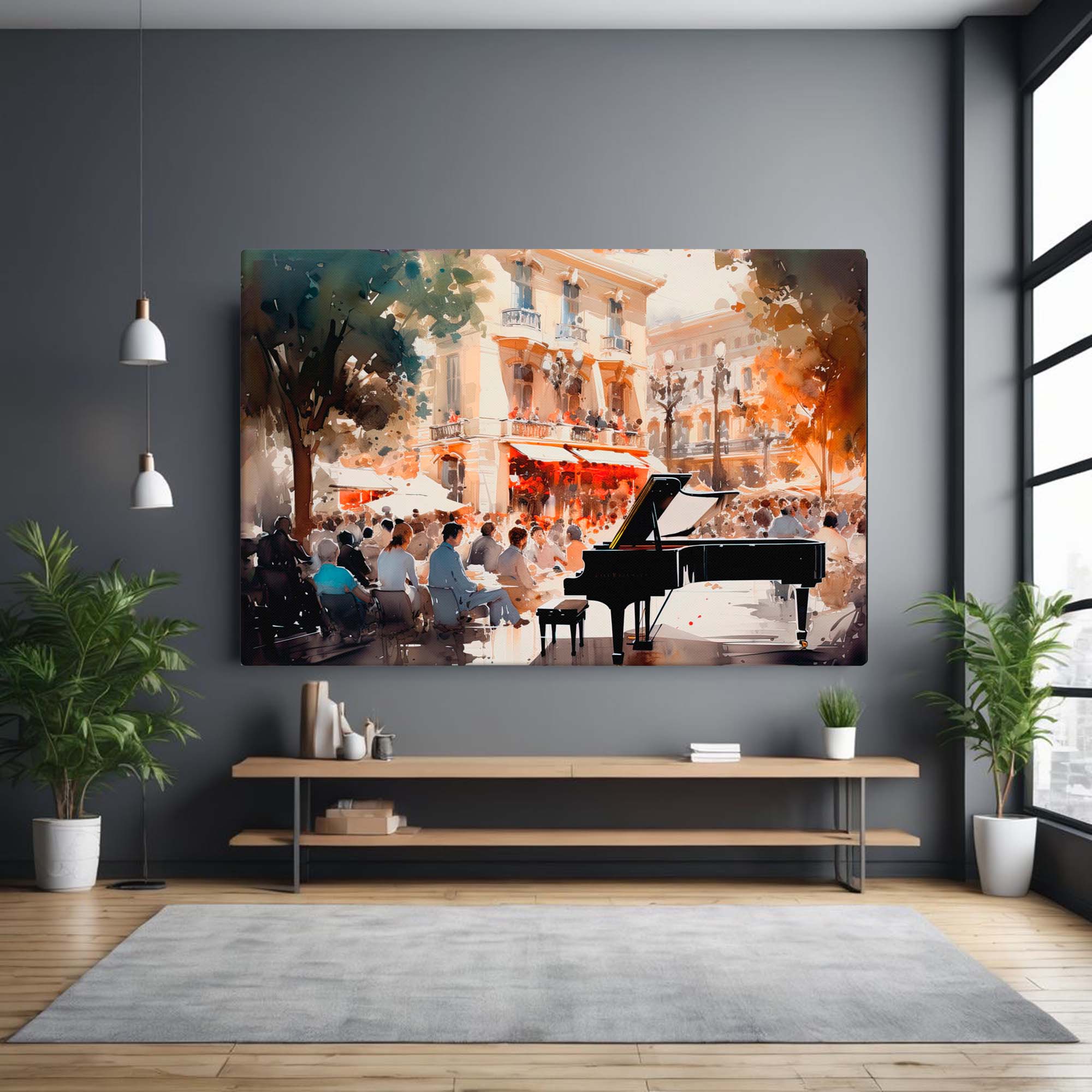 Vintage city street canvas displayed in a living room 