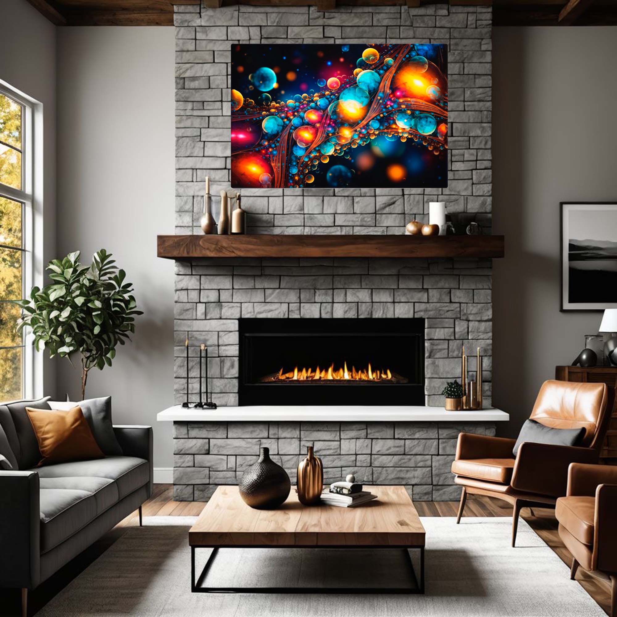 Vivid Expressions – Abstract Canvas Art Print as shown above a fireplace
