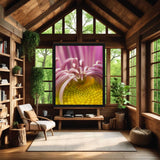 Wooden cabin interior with a large pink and yellow flower artwork on a wall. Art Fusion Store