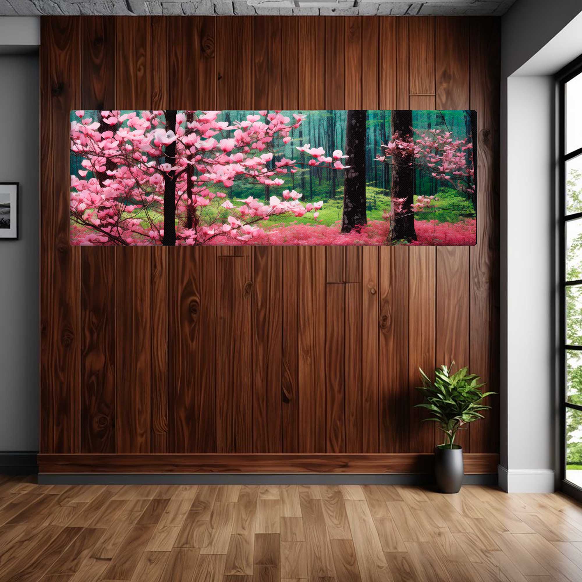 Large canvas print of a cherry blossom forest on a wooden wall in a modern room. panoramic