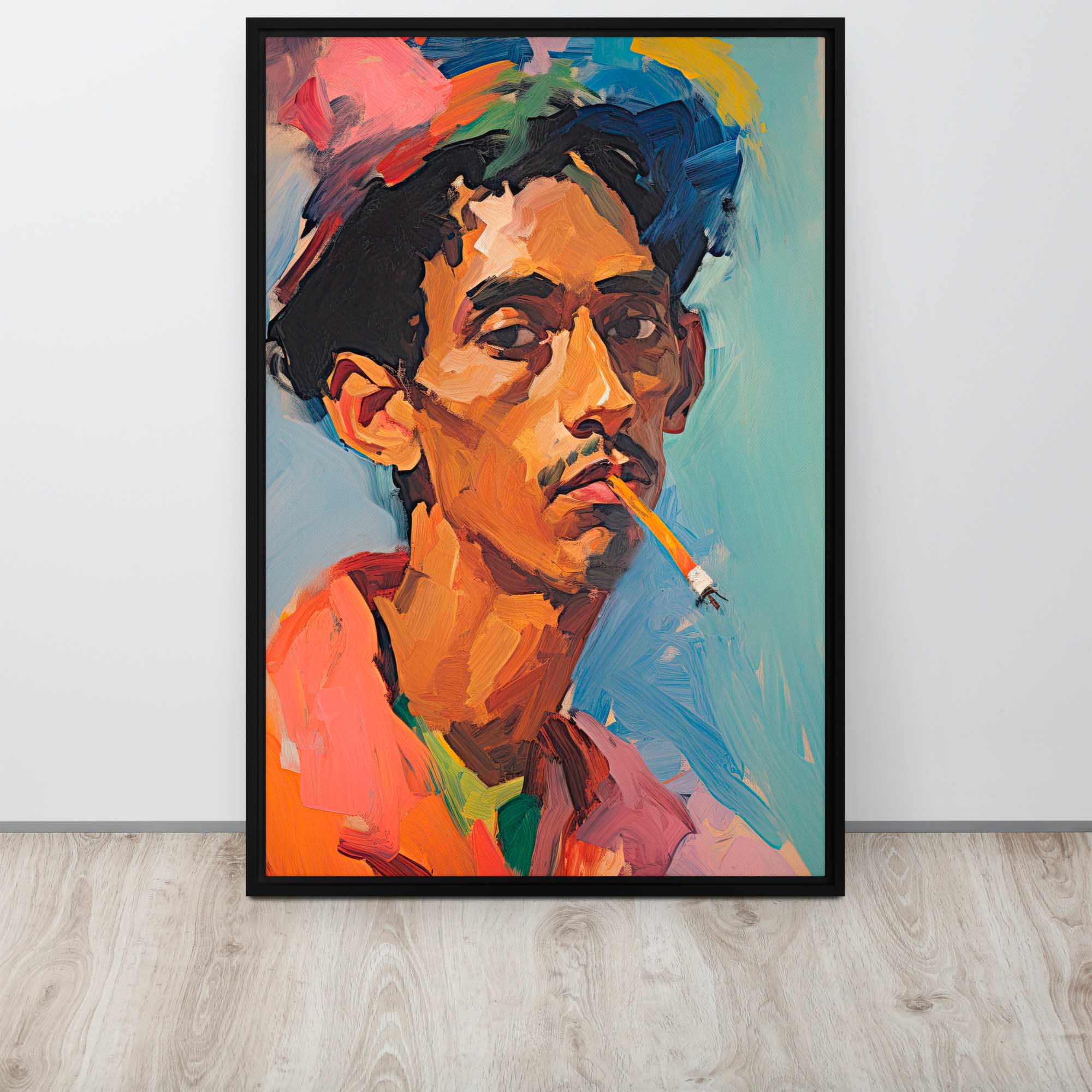 Colorful abstract portrait of a person with a cigarette on a white wall.