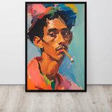 Colorful abstract portrait of a person with a cigarette on a white wall.