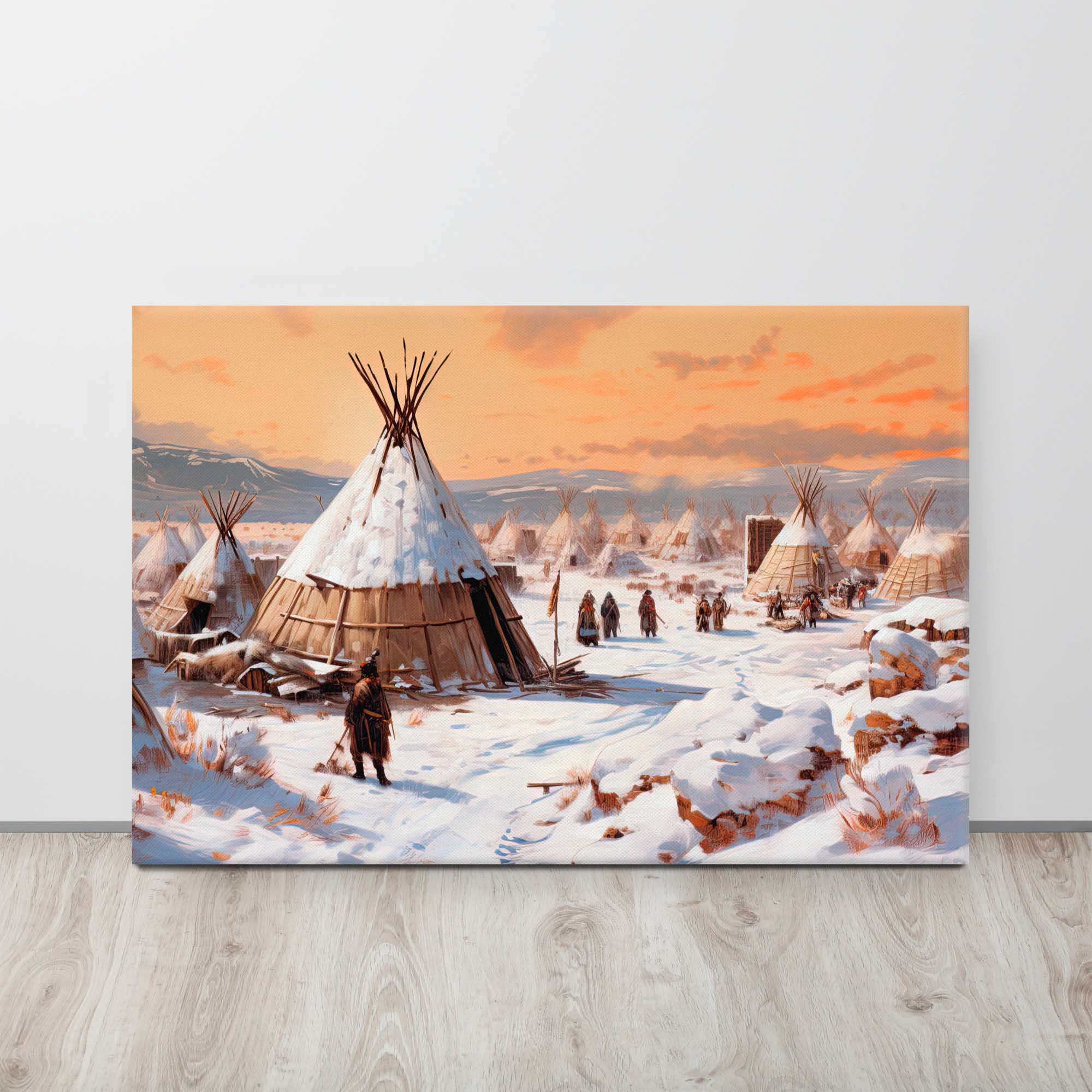 Indian Village in Snow  - Winter Landscape Art