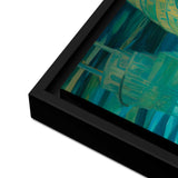 Framed artwork with abstract design in teal and black